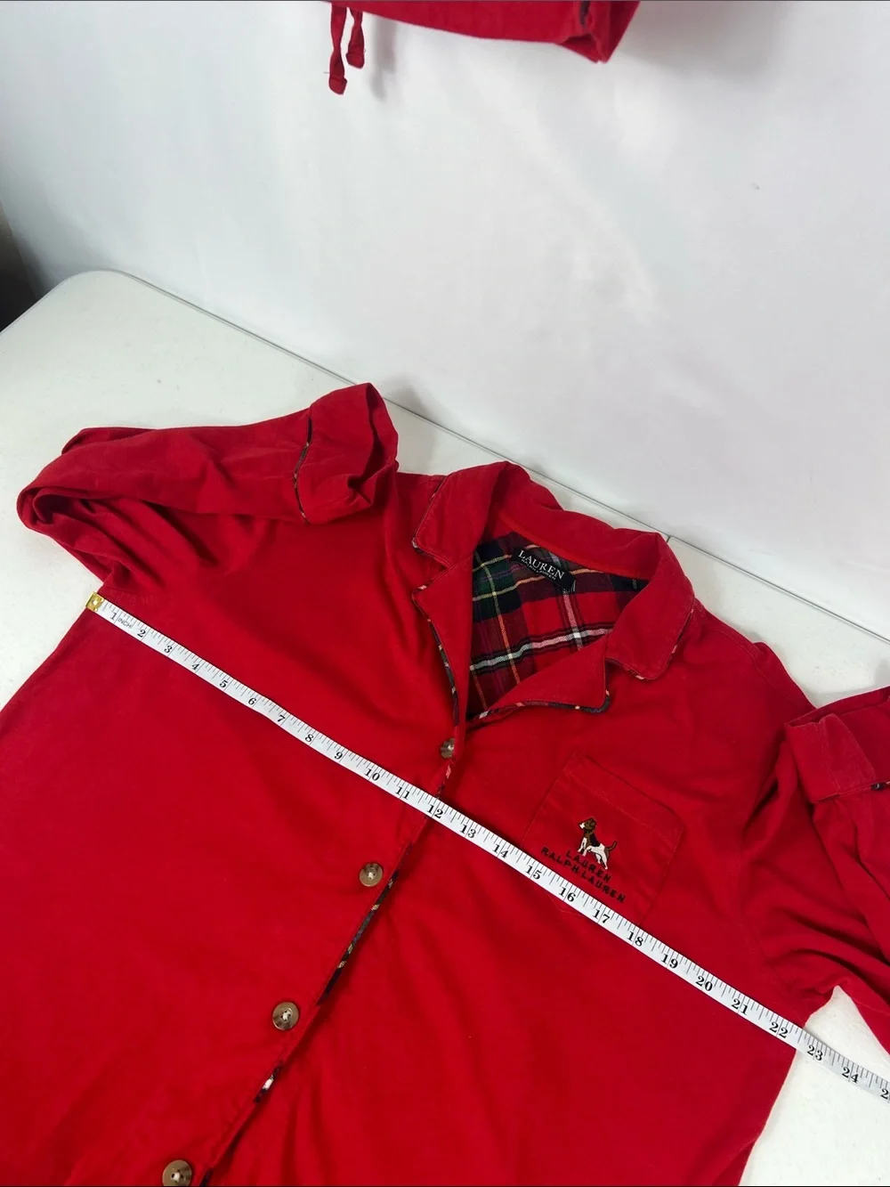 LRL Sz XL Pajama Set Red Embroidered Dog Plaid Trimmed Red Cotton